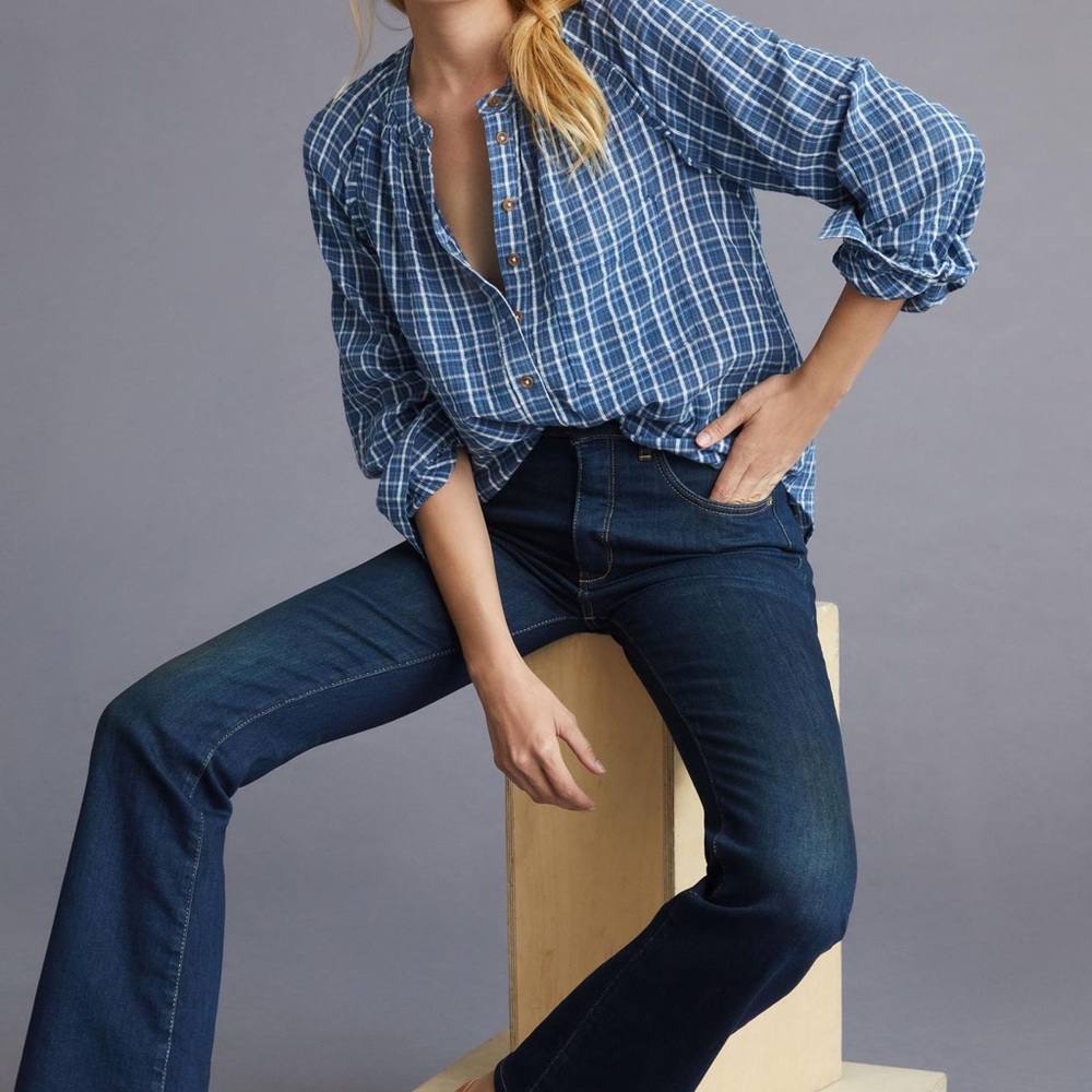 Anthropologie Pilcro Plaid Blouse 1X XL 2X Blue Button-down Shirt Dress - Picture 1 of 7